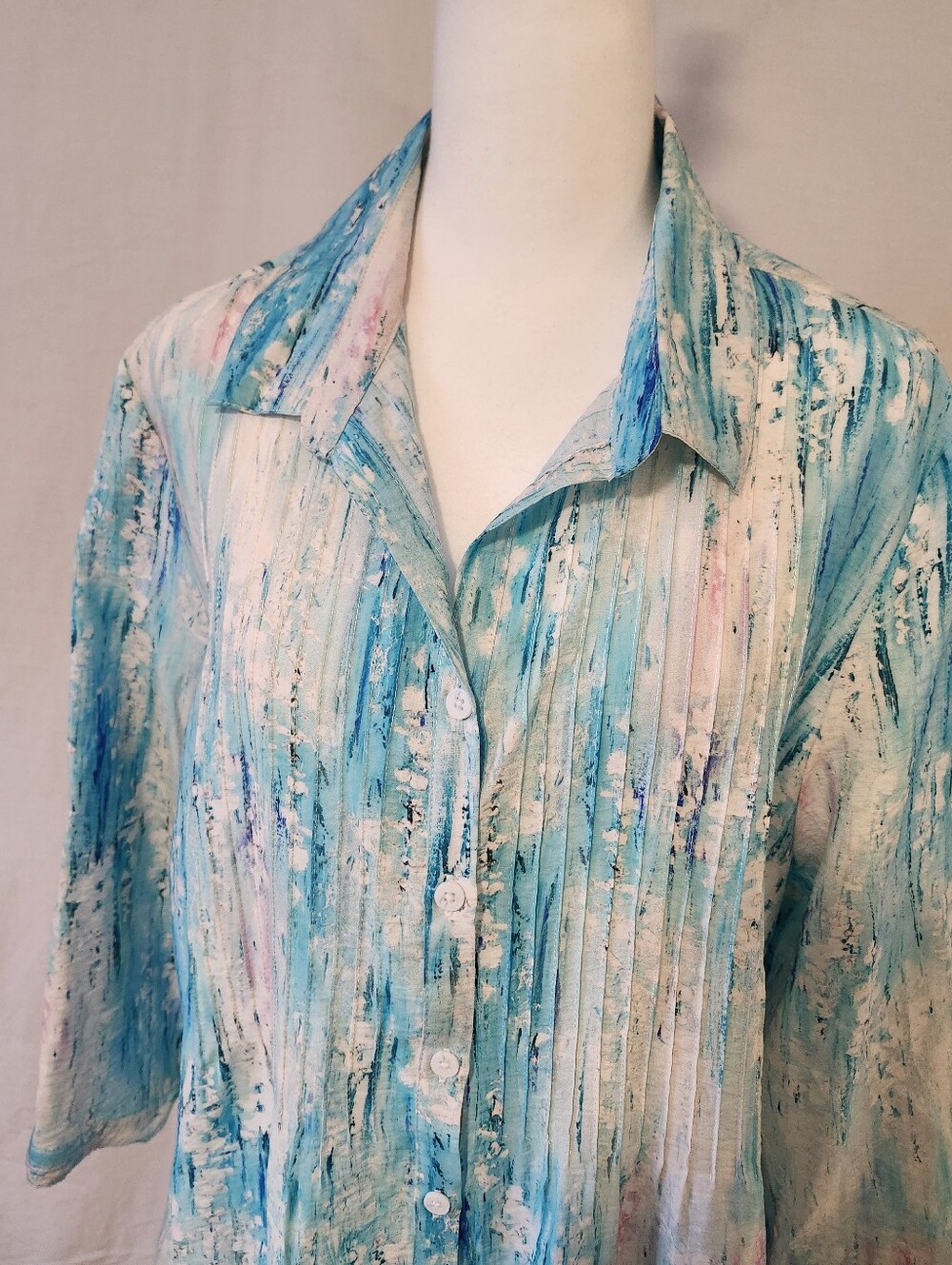 Alison Sheri Designed With Love  Brushstroke Blouse, Aqua, White & Pink Hues - Picture 3 of 9